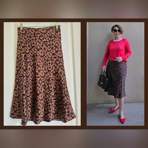 EUC Express Animal Print Satin A-Line Midi Skirt